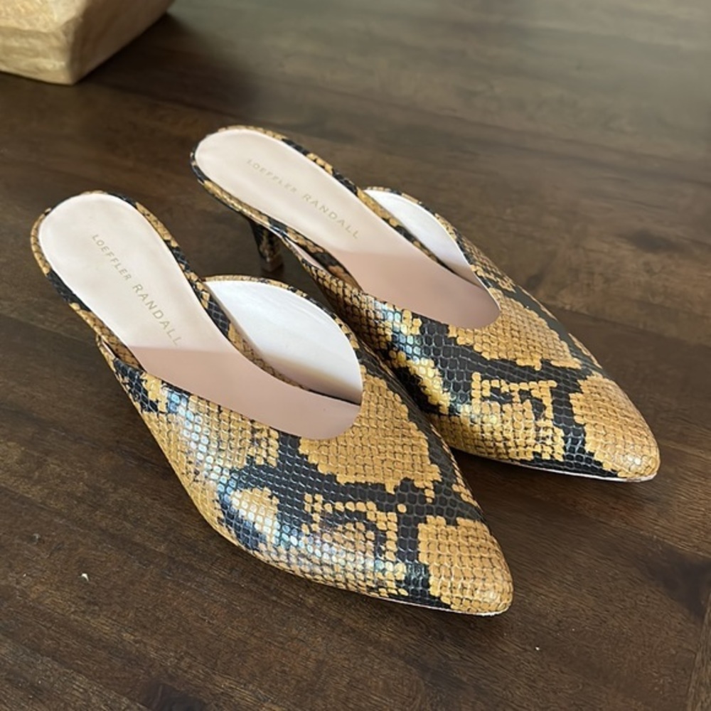 Loeffler Randall Snake Print Mules - Black and Tan